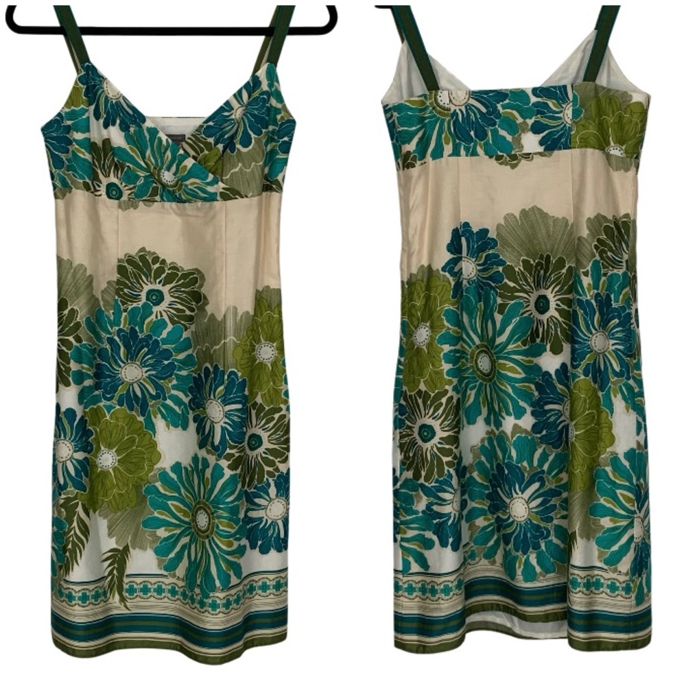 ANN TAYLOR Women’s Sleeveless Empire‎ Floral Dress Silk-Like Aqua Green Ivory 2